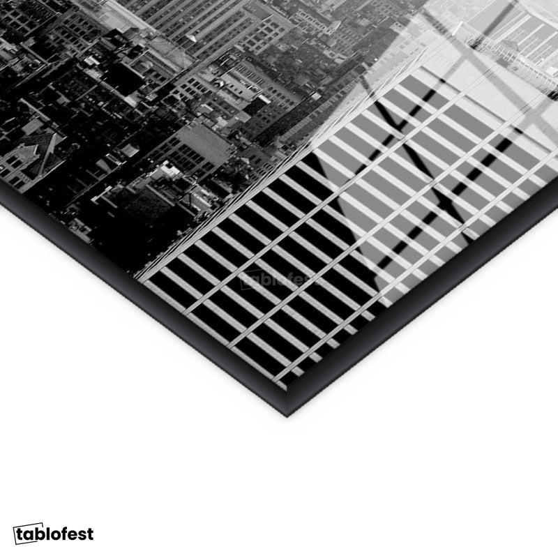 Siyah Renk Metal Çerçeveli Tamperli Cam Tablo New York Gökdelenler ve Empire State Şehir Mimari Tablo Duvar Dekoru