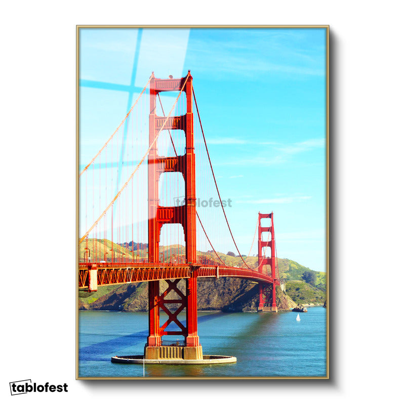 Altın Renk Metal Çerçeveli Tamperli Cam Tablo San Francisco Kırmızı Köprü Kulesi Şehir Mimari Tablo Duvar Dekoru