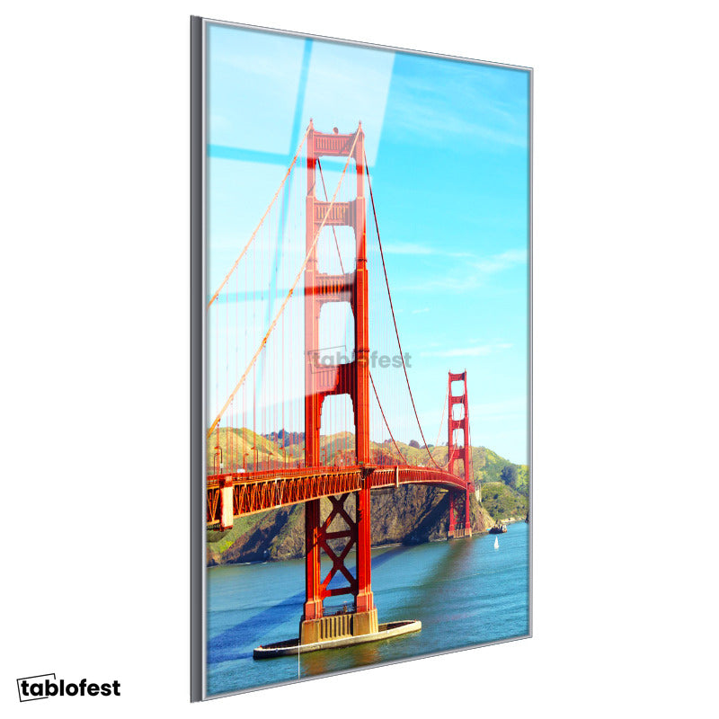 Gümüş Renk Metal Çerçeveli Tamperli Cam Tablo San Francisco Kırmızı Köprü Kulesi Şehir Mimari Tablo Duvar Dekoru