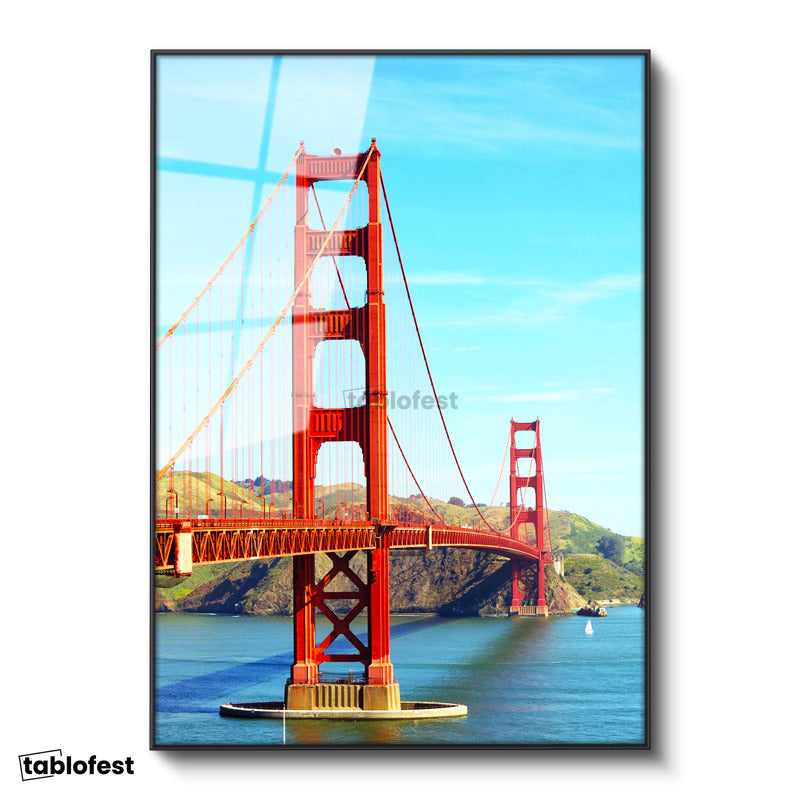Siyah Renk Metal Çerçeveli Tamperli Cam Tablo San Francisco Kırmızı Köprü Kulesi Şehir Mimari Tablo Duvar Dekoru