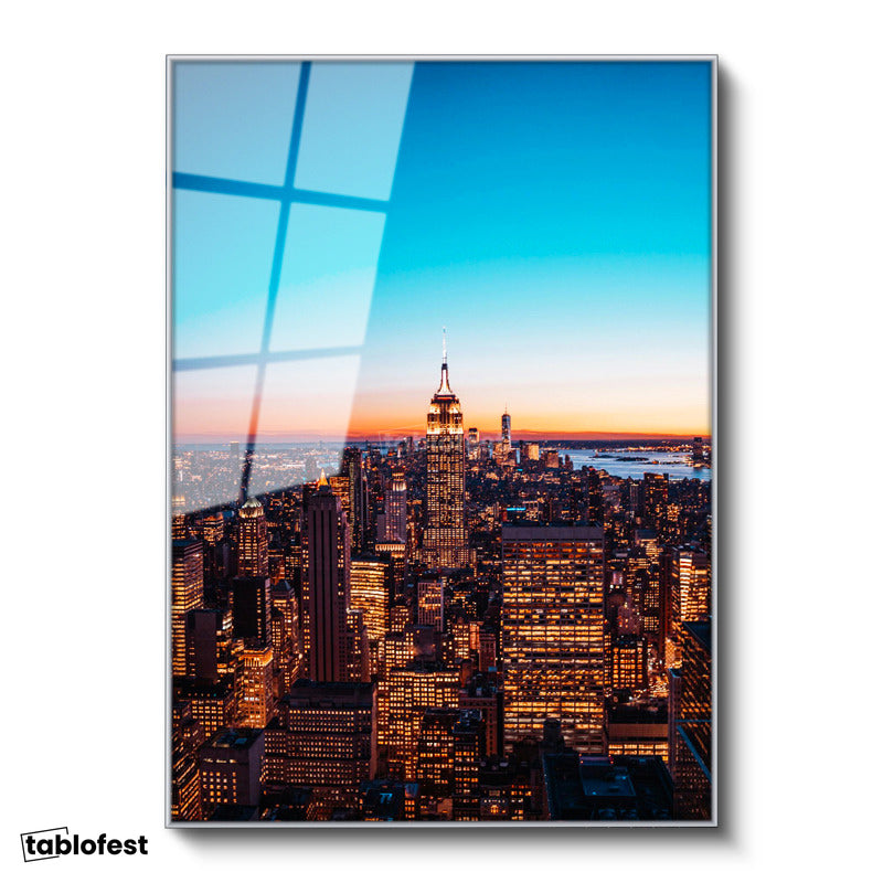 Gümüş Renk Metal Çerçeveli Tamperli Cam Tablo New York Empire State Gece Manzarası Şehir Mimari Tablo Duvar Dekoru