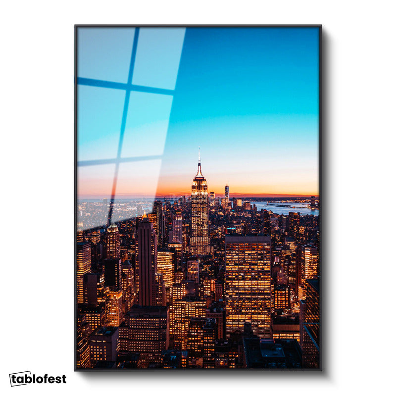 Siyah Renk Metal Çerçeveli Tamperli Cam Tablo New York Empire State Gece Manzarası Şehir Mimari Tablo Duvar Dekoru