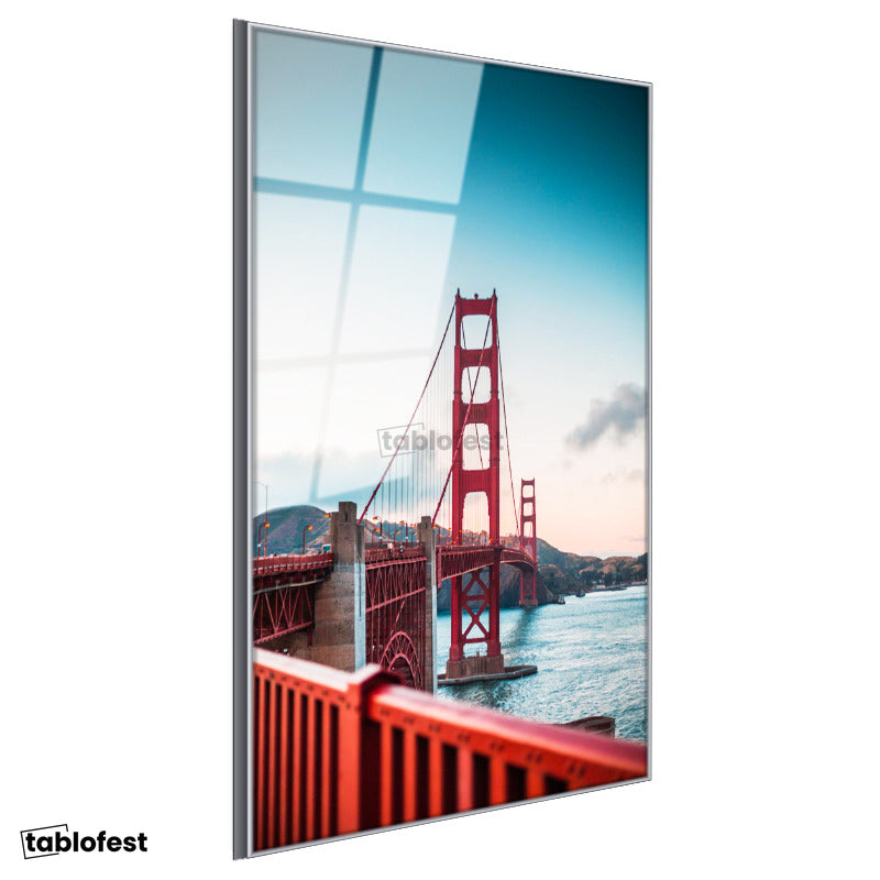 Gümüş Renk Metal Çerçeveli Tamperli Cam Tablo San Francisco Kırmızı Asma Köprü Şehir Mimari Tablo Duvar Dekoru