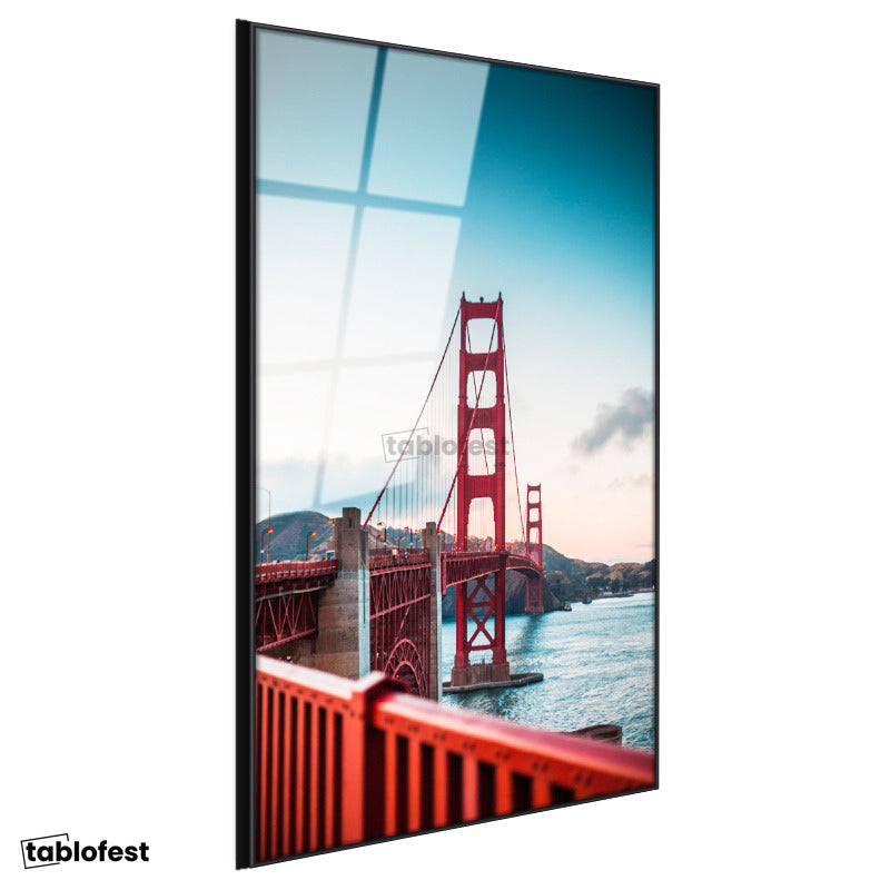 Siyah Renk Metal Çerçeveli Tamperli Cam Tablo San Francisco Kırmızı Asma Köprü Şehir Mimari Tablo Duvar Dekoru