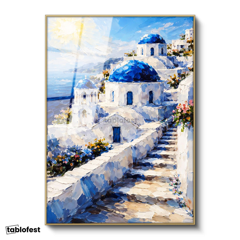 Altın Renk Metal Çerçeveli Tamperli Cam Tablo Santorini Adası Ve Merdivenli Evler Şehir Ve Mimari Tablo Duvar Dekoru