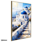 Altın Renk Metal Çerçeveli Tamperli Cam Tablo Santorini Adası Ve Merdivenli Evler Şehir Ve Mimari Tablo Duvar Dekoru