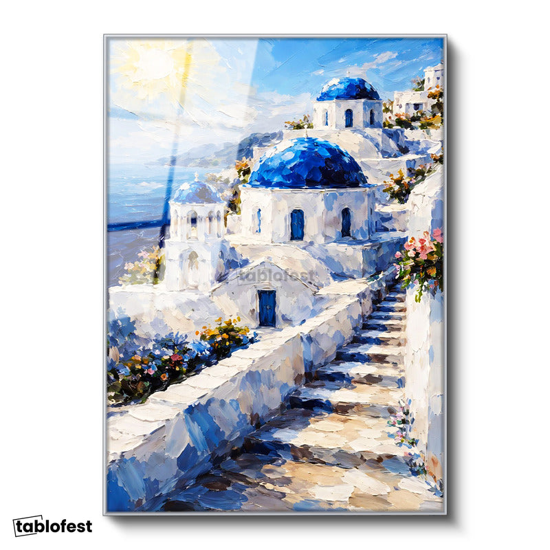 Gümüş Renk Metal Çerçeveli Tamperli Cam Tablo Santorini Adası Ve Merdivenli Evler Şehir Ve Mimari Tablo Duvar Dekoru