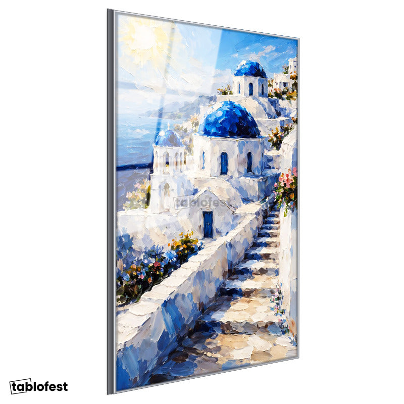Gümüş Renk Metal Çerçeveli Tamperli Cam Tablo Santorini Adası Ve Merdivenli Evler Şehir Ve Mimari Tablo Duvar Dekoru
