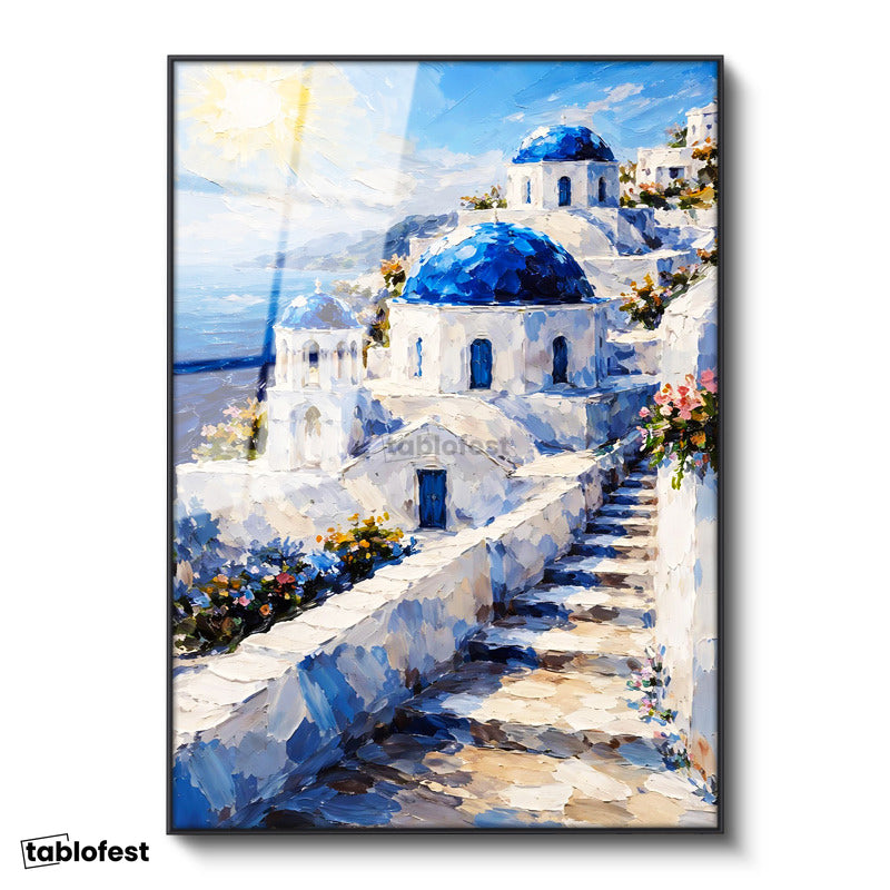Siyah Renk Metal Çerçeveli Tamperli Cam Tablo Santorini Adası Ve Merdivenli Evler Şehir Ve Mimari Tablo Duvar Dekoru