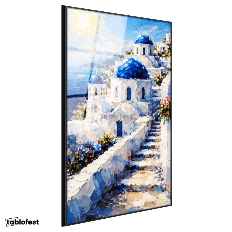 Siyah Renk Metal Çerçeveli Tamperli Cam Tablo Santorini Adası Ve Merdivenli Evler Şehir Ve Mimari Tablo Duvar Dekoru