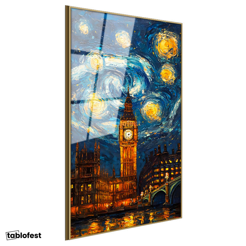 Altın Renk Metal Çerçeveli Tamperli Cam Tablo Londra Big Ben Fantastik Gökyüzü Şehir Ve Mimari Tablo Duvar Dekoru