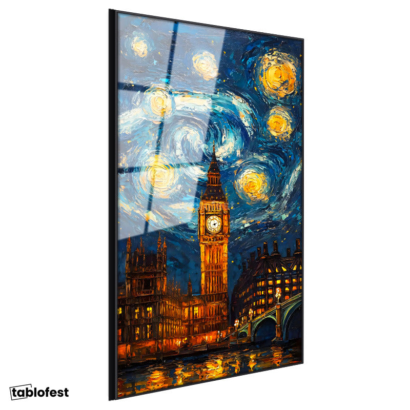 Siyah Renk Metal Çerçeveli Tamperli Cam Tablo Londra Big Ben Fantastik Gökyüzü Şehir Ve Mimari Tablo Duvar Dekoru