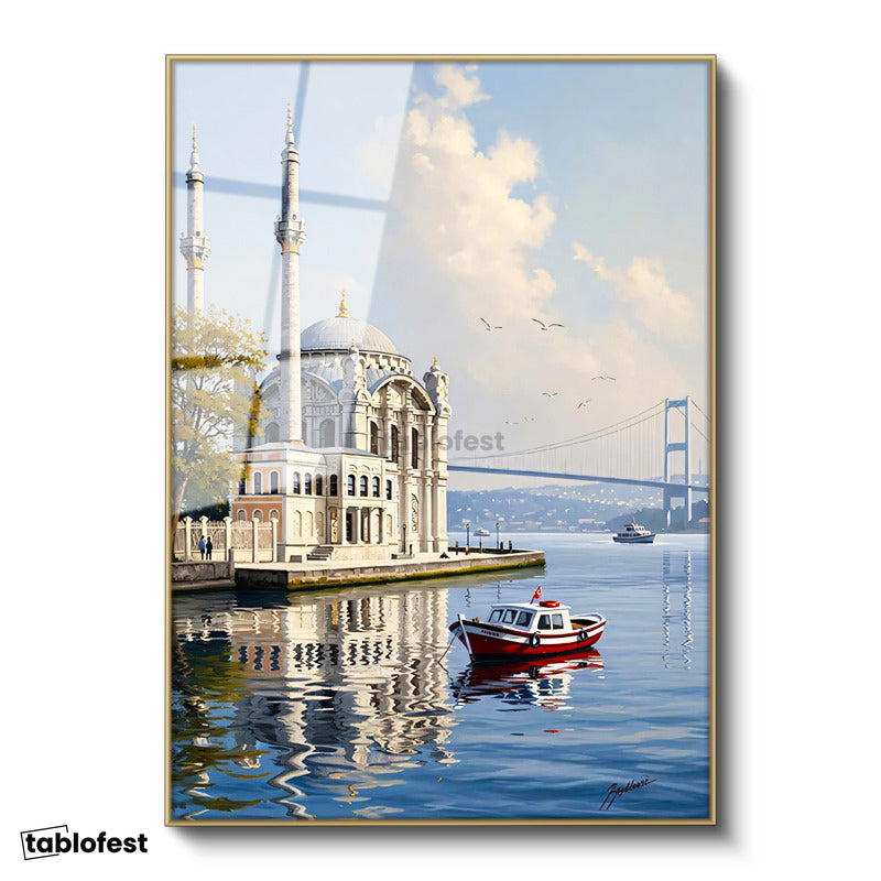Altın Renk Metal Çerçeveli Tamperli Cam Tablo Ortaköy Camii Ve Deniz Manzarası Şehir Ve Mimari Tablo Duvar Dekoru