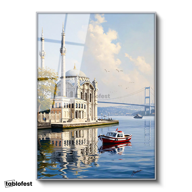 Gümüş Renk Metal Çerçeveli Tamperli Cam Tablo Ortaköy Camii Ve Deniz Manzarası Şehir Ve Mimari Tablo Duvar Dekoru