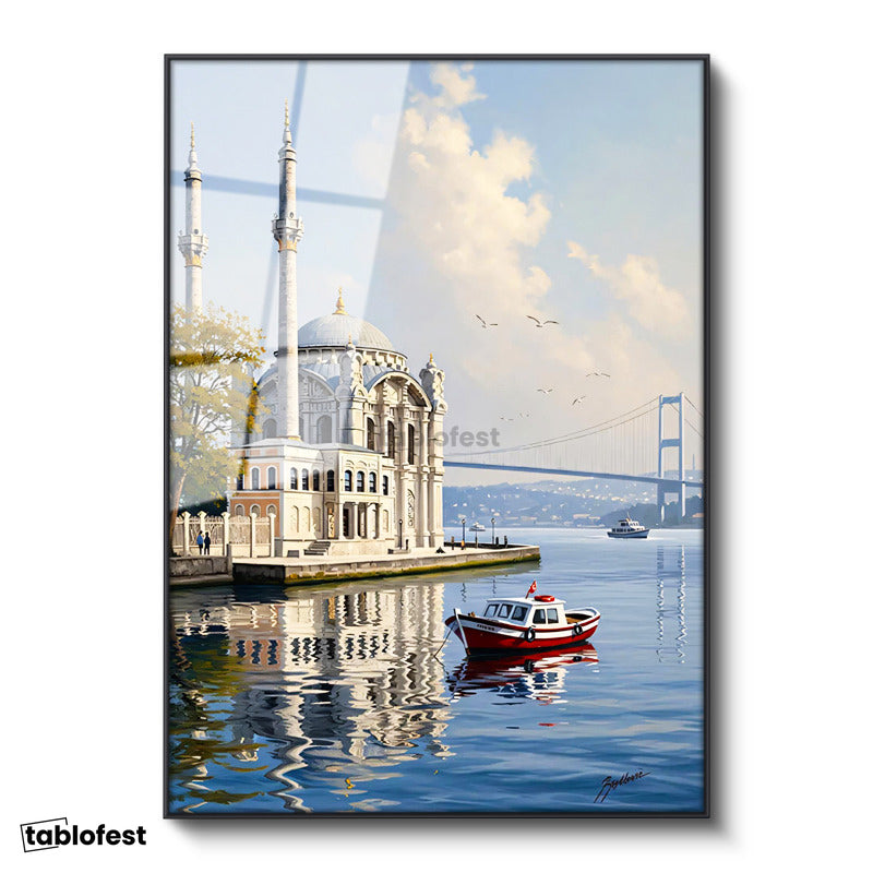 Siyah Renk Metal Çerçeveli Tamperli Cam Tablo Ortaköy Camii Ve Deniz Manzarası Şehir Ve Mimari Tablo Duvar Dekoru