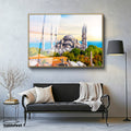 Altın Renk Metal Çerçeveli Tamperli Cam Tablo Sultanahmet Camii ve Ağaçlar Şehir Mimari Tablo Duvar Dekoru