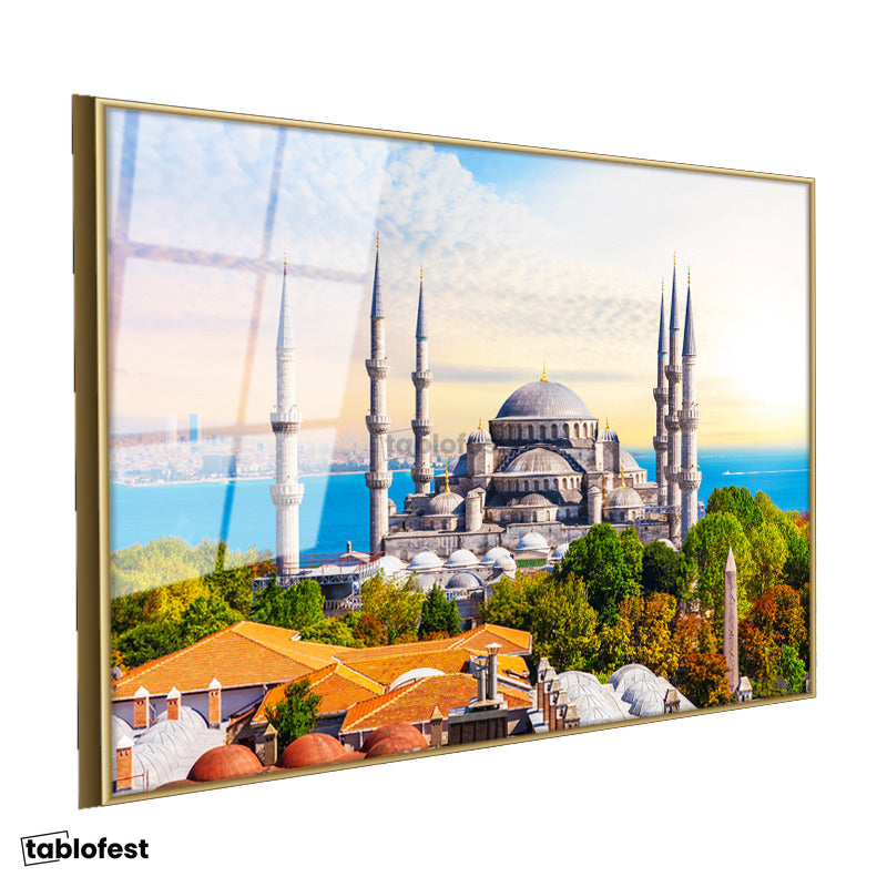 Altın Renk Metal Çerçeveli Tamperli Cam Tablo Sultanahmet Camii ve Ağaçlar Şehir Mimari Tablo Duvar Dekoru