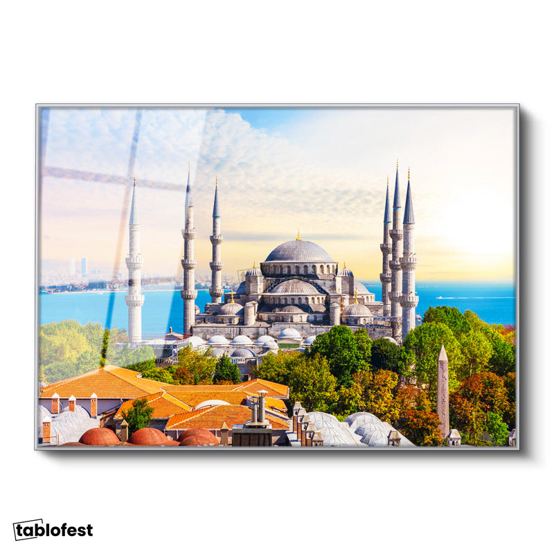 Gümüş Renk Metal Çerçeveli Tamperli Cam Tablo Sultanahmet Camii ve Ağaçlar Şehir Mimari Tablo Duvar Dekoru