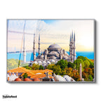 Gümüş Renk Metal Çerçeveli Tamperli Cam Tablo Sultanahmet Camii ve Ağaçlar Şehir Mimari Tablo Duvar Dekoru
