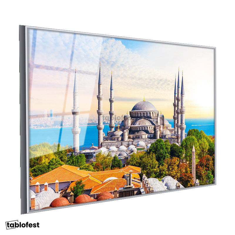 Gümüş Renk Metal Çerçeveli Tamperli Cam Tablo Sultanahmet Camii ve Ağaçlar Şehir Mimari Tablo Duvar Dekoru