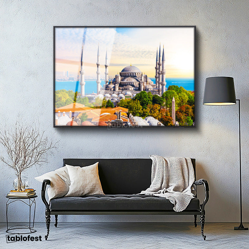 Siyah Renk Metal Çerçeveli Tamperli Cam Tablo Sultanahmet Camii ve Ağaçlar Şehir Mimari Tablo Duvar Dekoru