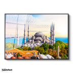 Siyah Renk Metal Çerçeveli Tamperli Cam Tablo Sultanahmet Camii ve Ağaçlar Şehir Mimari Tablo Duvar Dekoru