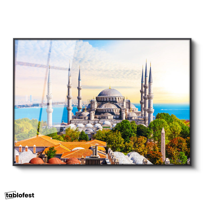 Siyah Renk Metal Çerçeveli Tamperli Cam Tablo Sultanahmet Camii ve Ağaçlar Şehir Mimari Tablo Duvar Dekoru