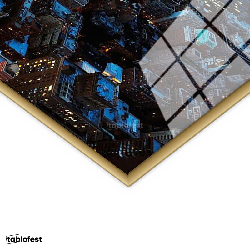Altın Renk Metal Çerçeveli Tamperli Cam Tablo New York Manhattan Şehir Manzarası Şehir Mimari Tablo Duvar Dekoru
