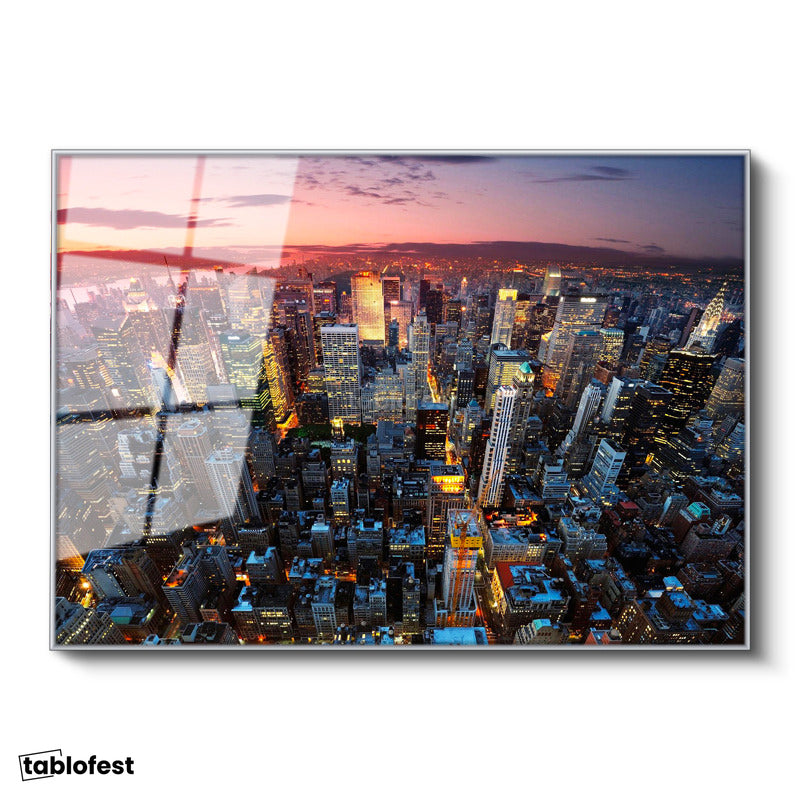 Gümüş Renk Metal Çerçeveli Tamperli Cam Tablo New York Manhattan Şehir Manzarası Şehir Mimari Tablo Duvar Dekoru