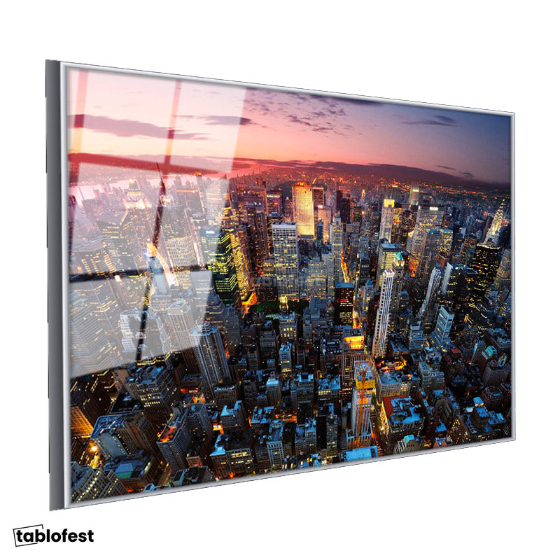Gümüş Renk Metal Çerçeveli Tamperli Cam Tablo New York Manhattan Şehir Manzarası Şehir Mimari Tablo Duvar Dekoru