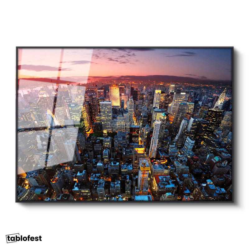 Siyah Renk Metal Çerçeveli Tamperli Cam Tablo New York Manhattan Şehir Manzarası Şehir Mimari Tablo Duvar Dekoru