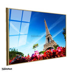 Altın Renk Metal Çerçeveli Tamperli Cam Tablo Eyfel Kulesi Altı Çiçek Bahçesi Şehir Mimari Tablo Duvar Dekoru