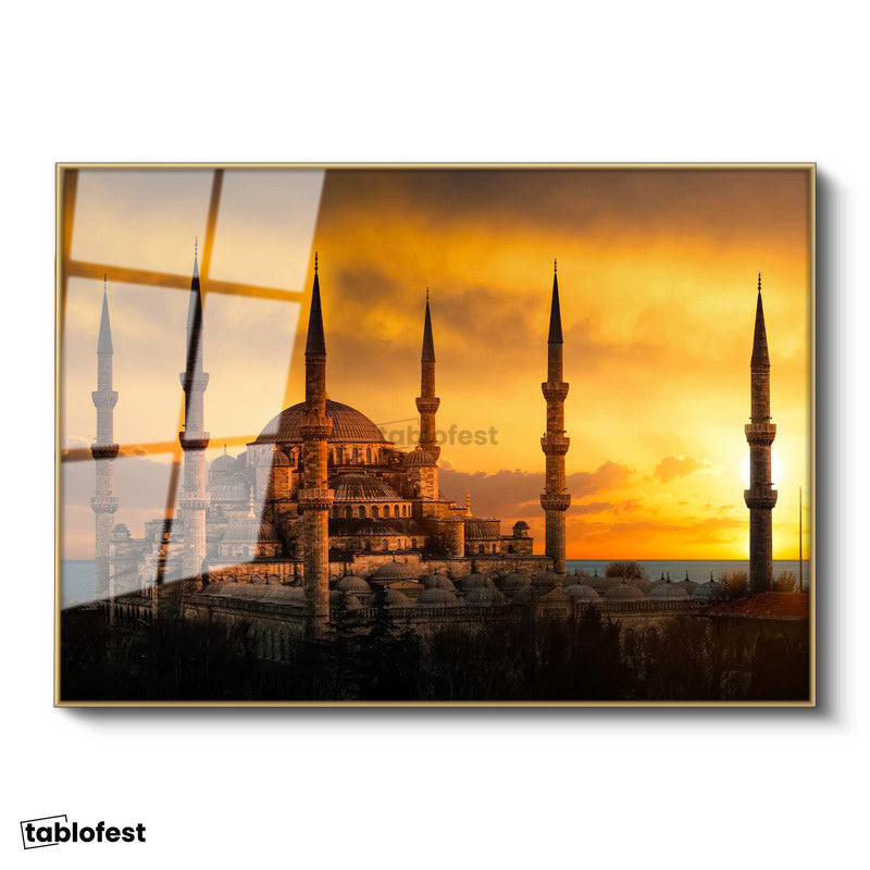 Altın Renk Metal Çerçeveli Tamperli Cam Tablo Sultanahmet Camii Gün Batımı Silüeti Şehir Mimari Tablo Duvar Dekoru