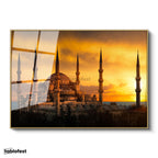 Altın Renk Metal Çerçeveli Tamperli Cam Tablo Sultanahmet Camii Gün Batımı Silüeti Şehir Mimari Tablo Duvar Dekoru