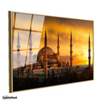 Altın Renk Metal Çerçeveli Tamperli Cam Tablo Sultanahmet Camii Gün Batımı Silüeti Şehir Mimari Tablo Duvar Dekoru