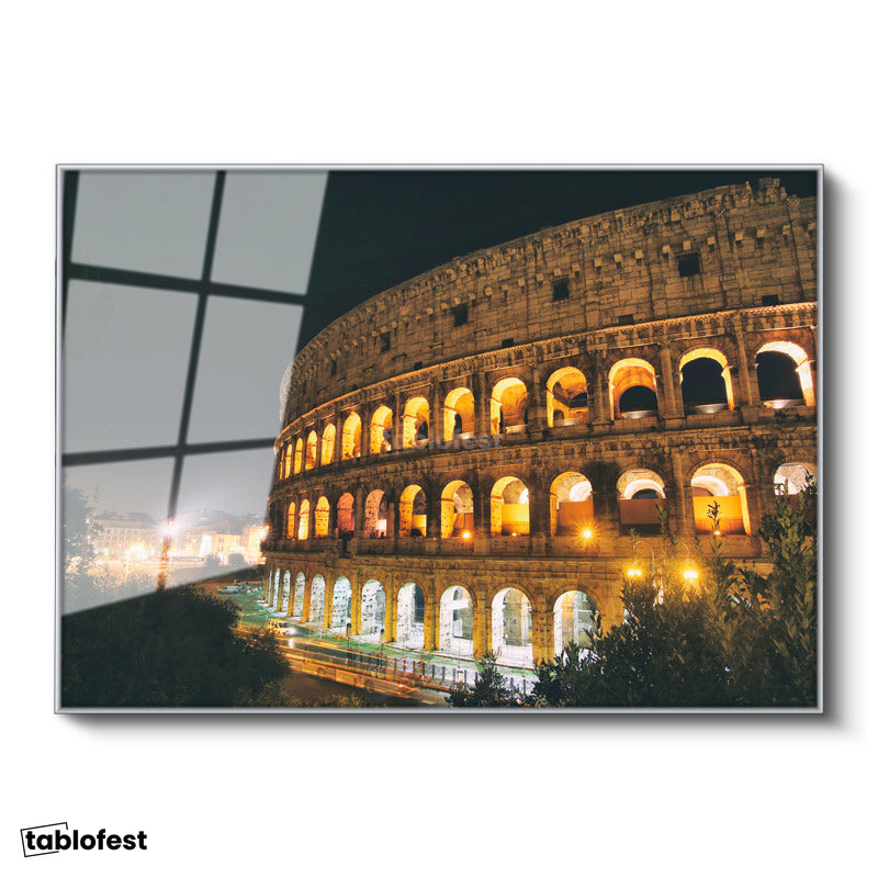 Gümüş Renk Metal Çerçeveli Tamperli Cam Tablo Roma Kolezyum Gece Aydınlatması Şehir Mimari Tablo Duvar Dekoru