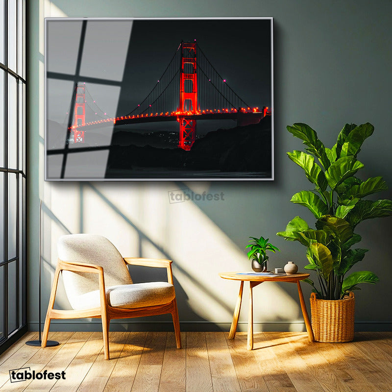 Gümüş Renk Metal Çerçeveli Tamperli Cam Tablo Golden Gate Köprüsü Gece Aydınlatması Şehir Mimari Tablo Duvar Dekoru