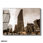 Gümüş Renk Metal Çerçeveli Tamperli Cam Tablo New York Flatiron Binası Şehir Mimari Tablo Duvar Dekoru
