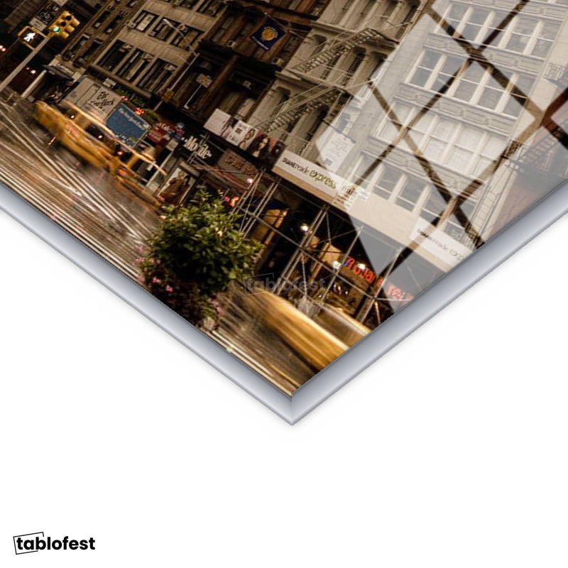Gümüş Renk Metal Çerçeveli Tamperli Cam Tablo New York Flatiron Binası Şehir Mimari Tablo Duvar Dekoru
