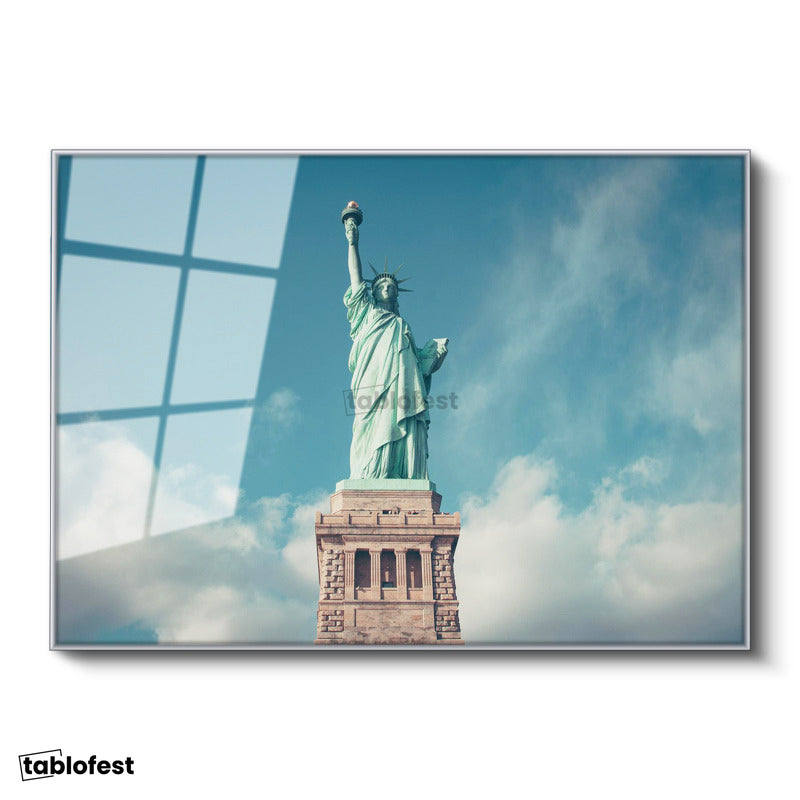 Gümüş Renk Metal Çerçeveli Tamperli Cam Tablo New York Özgürlük Anıtı Şehir Mimari Tablo Duvar Dekoru