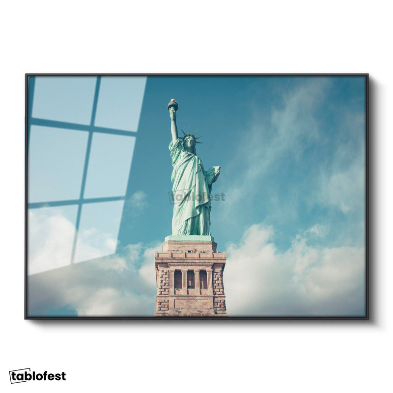 Siyah Renk Metal Çerçeveli Tamperli Cam Tablo New York Özgürlük Anıtı Şehir Mimari Tablo Duvar Dekoru