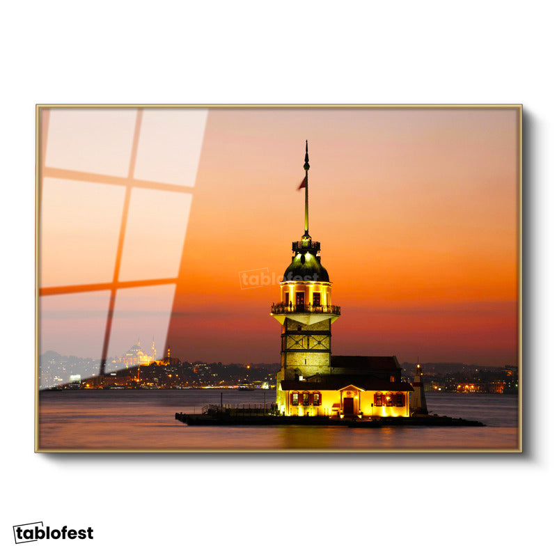 Altın Renk Metal Çerçeveli Tamperli Cam Tablo Kız Kulesi ve İstanbul Silüeti Şehir Mimari Tablo Duvar Dekoru