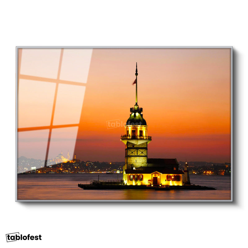 Gümüş Renk Metal Çerçeveli Tamperli Cam Tablo Kız Kulesi ve İstanbul Silüeti Şehir Mimari Tablo Duvar Dekoru