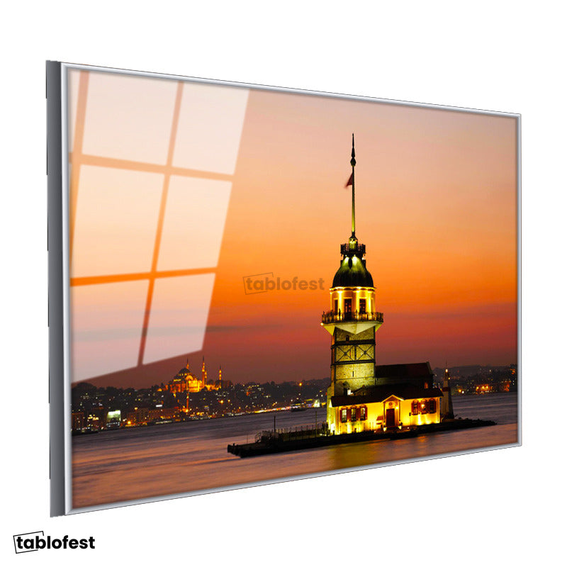 Gümüş Renk Metal Çerçeveli Tamperli Cam Tablo Kız Kulesi ve İstanbul Silüeti Şehir Mimari Tablo Duvar Dekoru