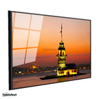 Siyah Renk Metal Çerçeveli Tamperli Cam Tablo Kız Kulesi ve İstanbul Silüeti Şehir Mimari Tablo Duvar Dekoru