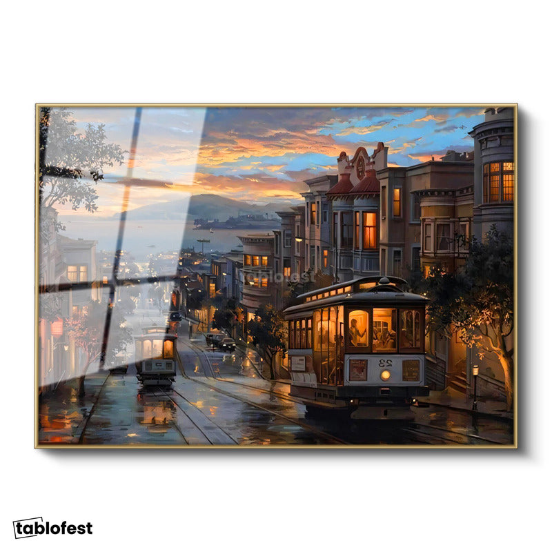 Altın Renk Metal Çerçeveli Tamperli Cam Tablo San Francisco Tramvay Ve Yokuş Yol Şehir Ve Mimari Tablo Duvar Dekoru