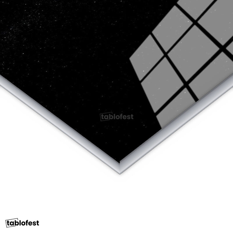 Gümüş Renk Metal Çerçeveli Tamperli Cam Tablo Satürn Gezegeni Halkaları ve Uydusu Manzara Tablosu Duvar Dekoru