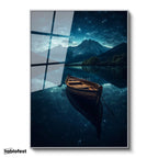 Gümüş Renk Metal Çerçeveli Tamperli Cam Tablo Gece Gölü Ahşap Kayık ve Dağ Manzarası Manzara Tablosu Duvar Dekoru