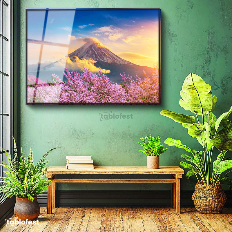 Siyah Renk Metal Çerçeveli Tamperli Cam Tablo Karlı Fuji Dağı Ve Japon Kirazı Ağaçları Manzara Tablosu Duvar Dekoru