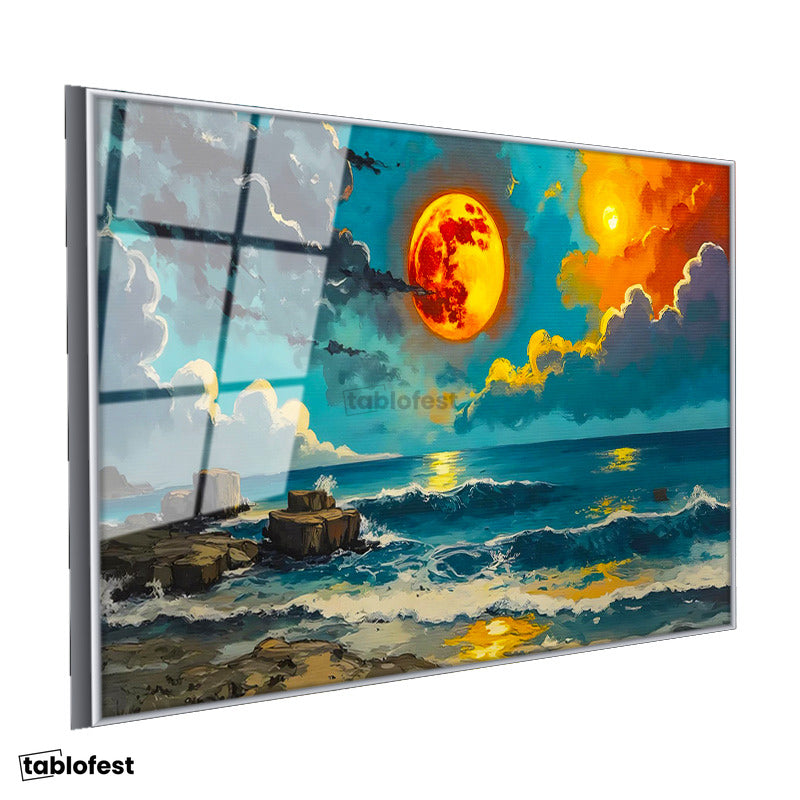Gümüş Renk Metal Çerçeveli Tamperli Cam Tablo Turuncu Ay ve Dalgalı Deniz Manzara Ve Doğa Tablosu Duvar Dekoru
